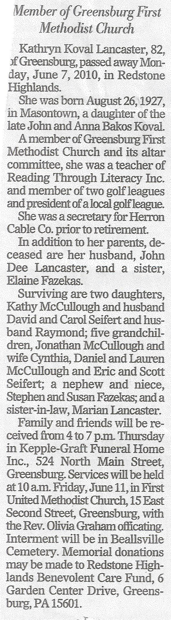 Kathryn Koval Lancaster obit